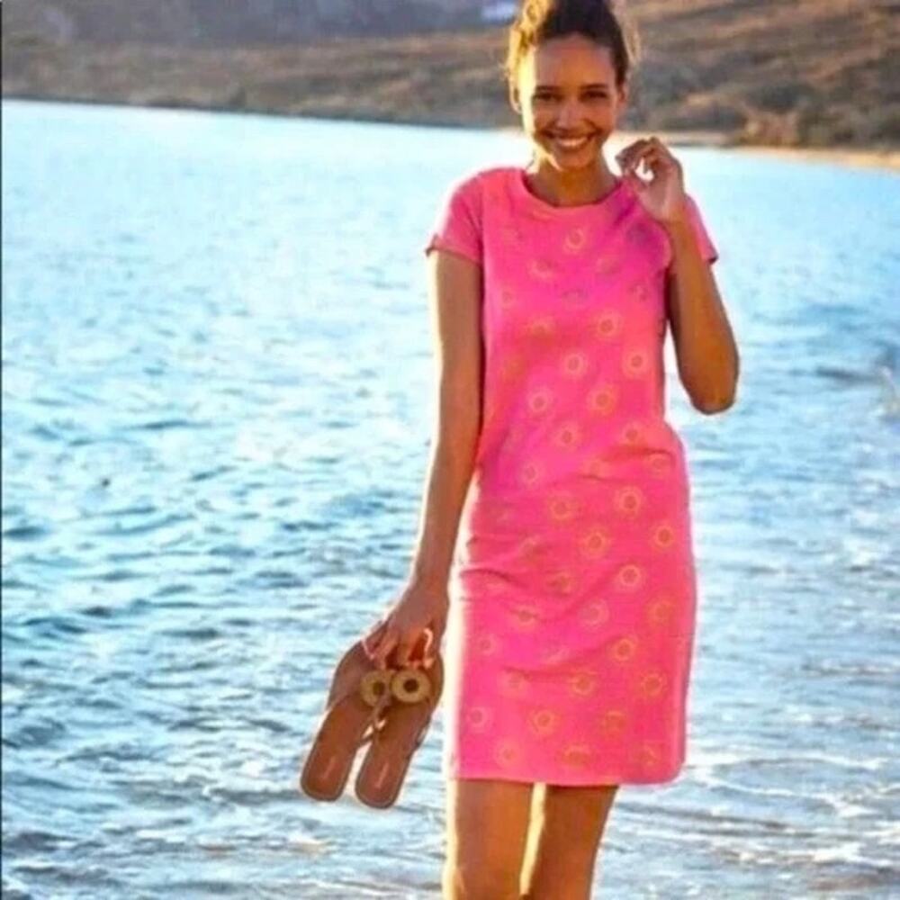 Boden Coralie Pink Cotton Jersey Dress 8 - Gold Sunburst Foil Pleated Shift
